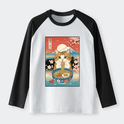 Tokyo-Tiger Funny Orange Cat Eating Ramen Japan Raglan Long Sleeve T-shirt