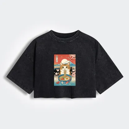 Tokyo-Tiger Funny Orange Cat Eating Ramen Japan Women's Washed Crop T-Shirt