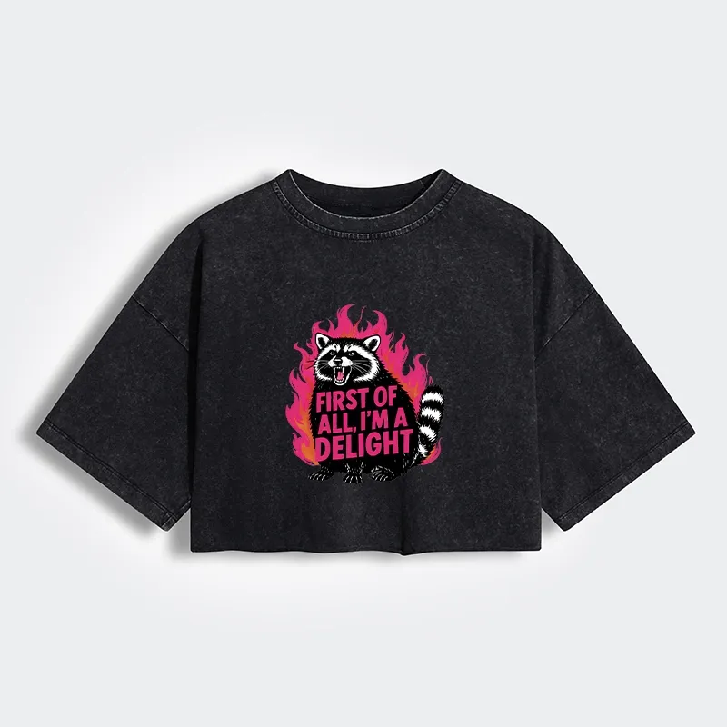 Tokyo-Tiger Angry Raccoon Funny Women's Washed Crop T-Shirt