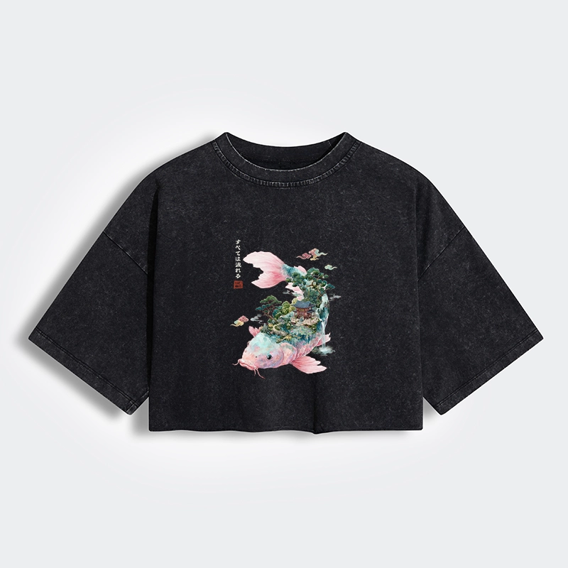 Tokyo-Tiger Journey Of The Flowing Koi Women's Washed Crop T-Shirt