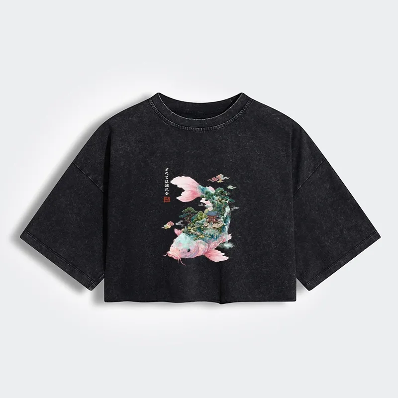 Tokyo-Tiger Journey Of The Flowing Koi Women's Washed Crop T-Shirt Sale