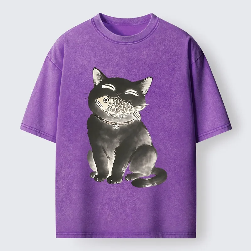 Tokyo-Tiger Black Cat Delightful Feast Washed T-Shirt