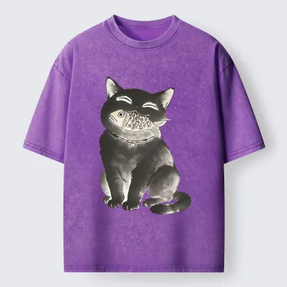 Tokyo-Tiger Black Cat Delightful Feast Washed T-Shirt