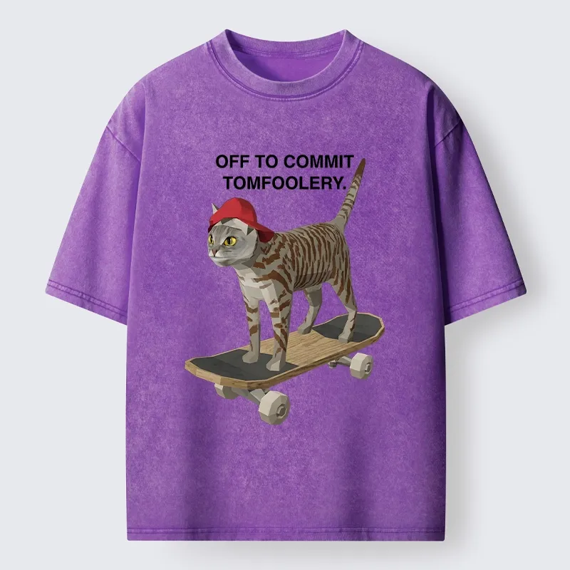 Tokyo-Tiger Skateboarding Cat Funny Meme Washed T-Shirt