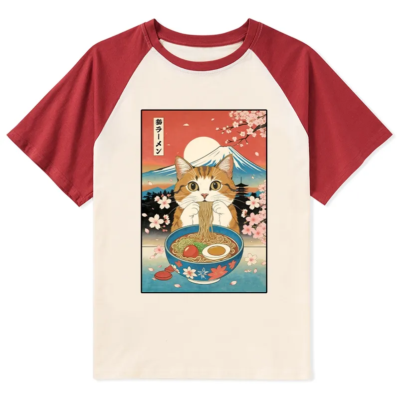 Tokyo-Tiger Funny Orange Cat Eating Ramen Japan Raglan T-shirt Sale