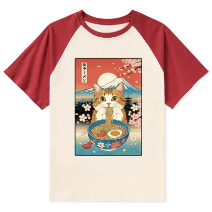 Tokyo-Tiger Funny Orange Cat Eating Ramen Japan Raglan T-shirt