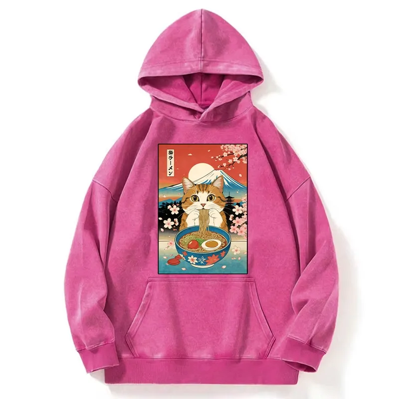 Tokyo-Tiger Funny Orange Cat Eating Ramen Japan Washed Hoodie