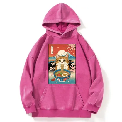 Tokyo-Tiger Funny Orange Cat Eating Ramen Japan Washed Hoodie