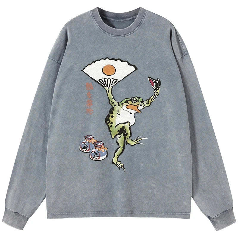 Tokyo-Tiger Dancing Frog Japanese Washed Long Sleeve T-Shirt