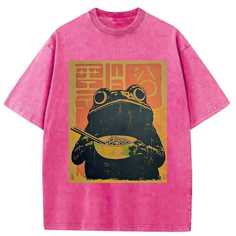 Tokyo-Tiger Retro Frog Eating Ramen Washed T-Shirt