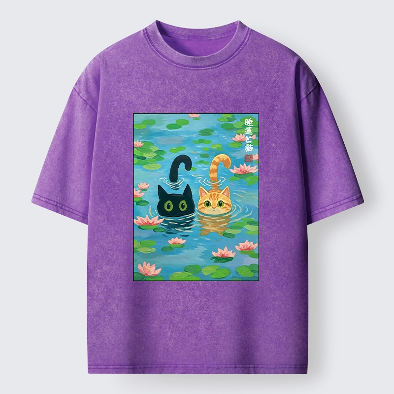 Tokyo-Tiger Cats In The Lotus Pond Washed T-Shirt