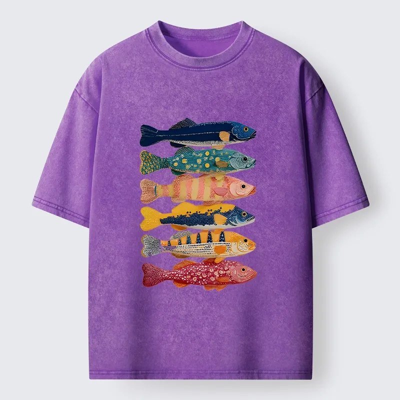 Tokyo-Tiger Colorful Fish Art Collection Washed T-Shirt