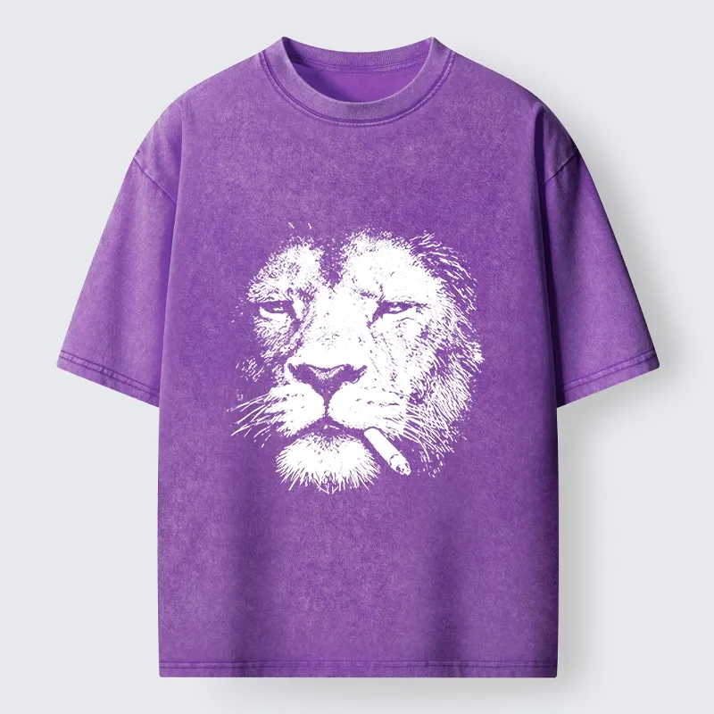 Tokyo-Tiger Tired Lion Funny Smoking Washed T-Shirt