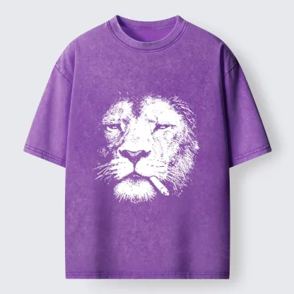 Tokyo-Tiger Tired Lion Funny Smoking Washed T-Shirt