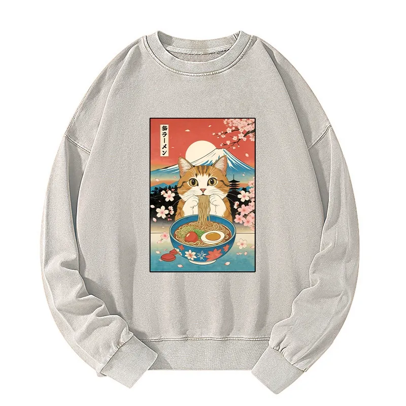 Tokyo-Tiger Funny Orange Cat Eating Ramen Japan Washed Sweatshirt Sale