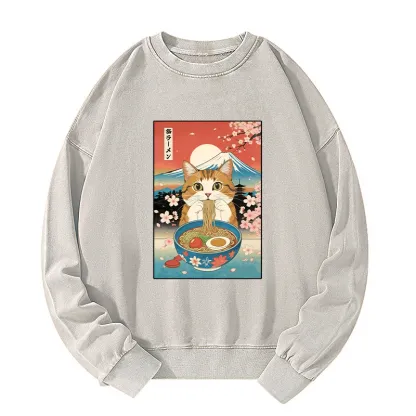 Tokyo-Tiger Funny Orange Cat Eating Ramen Japan Washed Sweatshirt