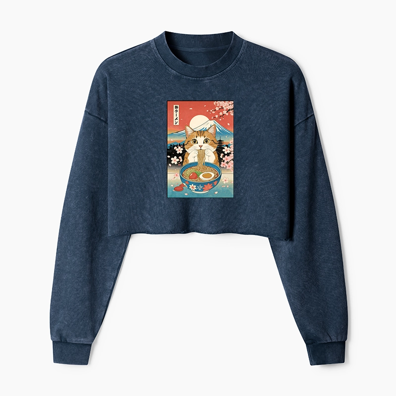 Tokyo-Tiger Funny Orange Cat Eating Ramen Japan Washed Crop Sweatshirt