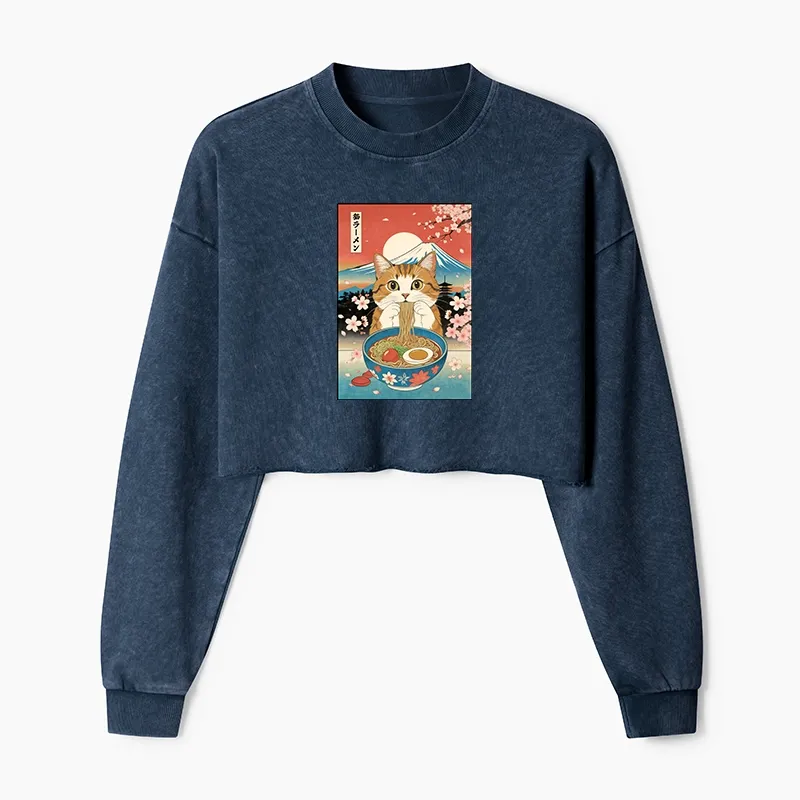Tokyo-Tiger Funny Orange Cat Eating Ramen Japan Washed Crop Sweatshirt Sale