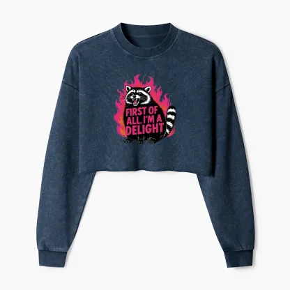 Tokyo-Tiger Angry Raccoon Funny Washed Crop Sweatshirt