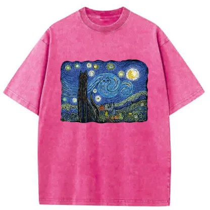 Tokyo-Tiger Cat Under The Starry Night Washed T-Shirt