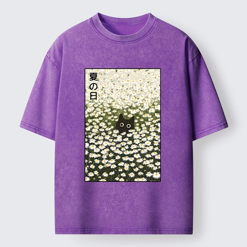 Tokyo-Tiger Summer Day Daisies Black Cat Washed T-Shirt