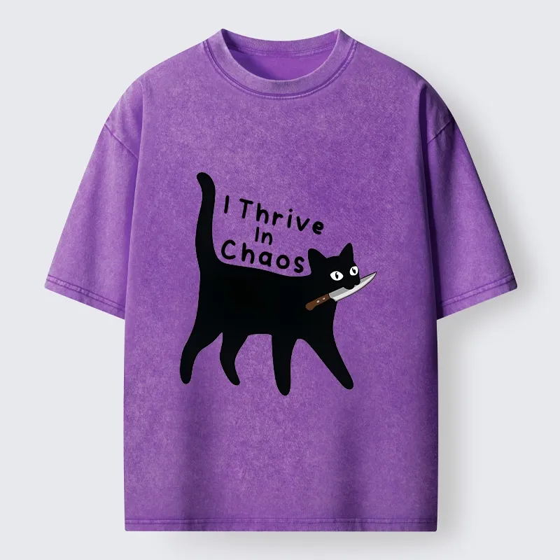 Tokyo-Tiger Chaotic Black Cat With Knife Washed T-Shirt