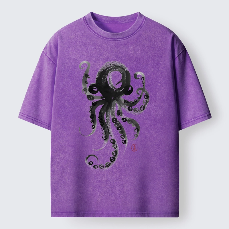 Tokyo-Tiger Japanese Ink Octopus Art Washed T-Shirt
