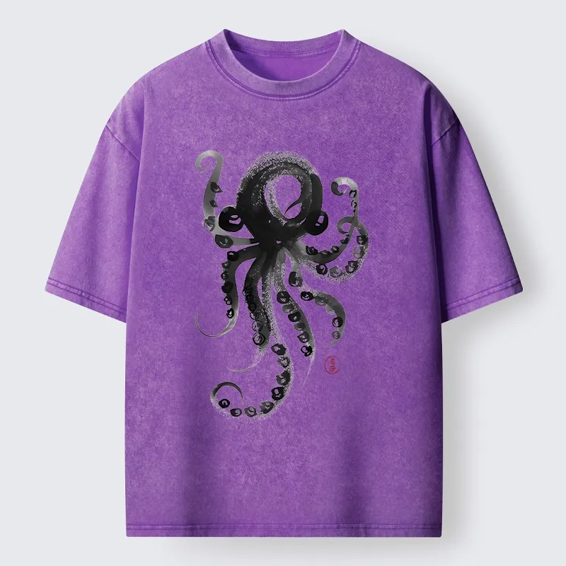 Tokyo-Tiger Japanese Ink Octopus Art Washed T-Shirt