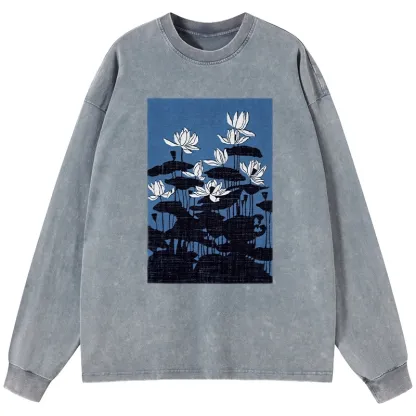 Tokyo-Tiger Blue Lotus Japanese Art Long Sleeve T-Shirt