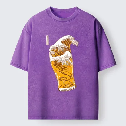 Tokyo-Tiger Great Beer Wave Print Washed T-Shirt