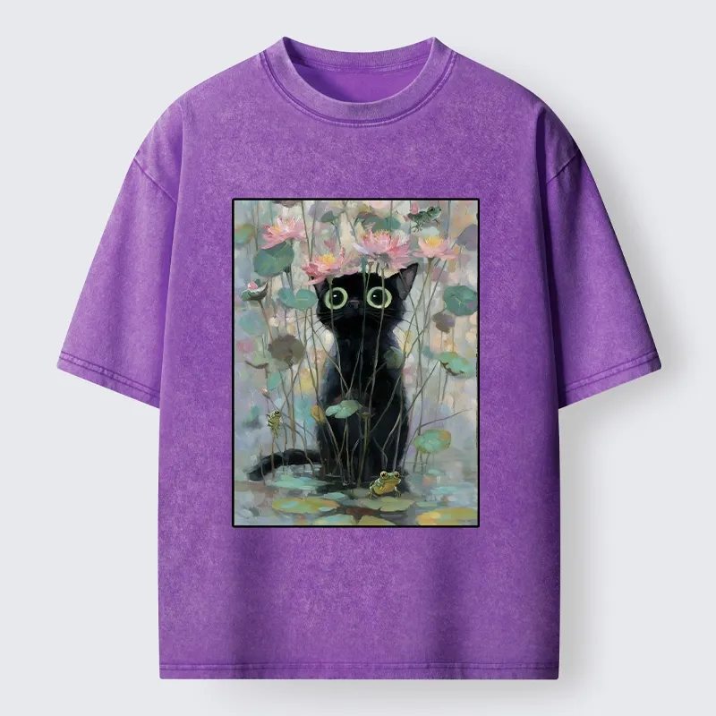 Tokyo-Tiger Black Cat In The Lotus Pond Washed T-Shirt