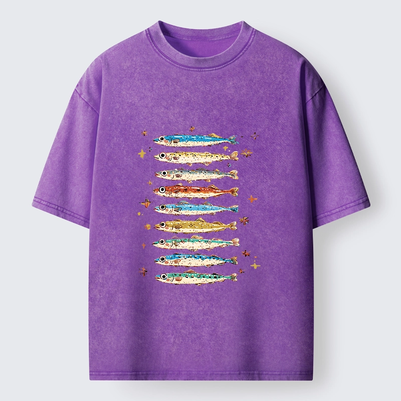 Tokyo-Tiger Colorful Fish Family Art Washed T-Shirt