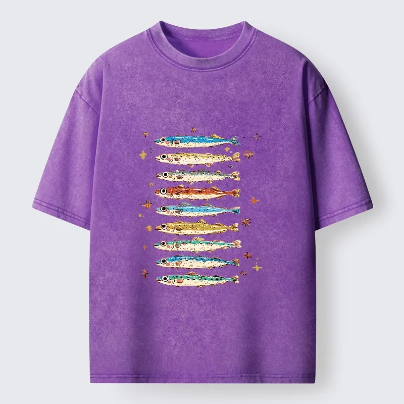Tokyo-Tiger Colorful Fish Family Art Washed T-Shirt Sale