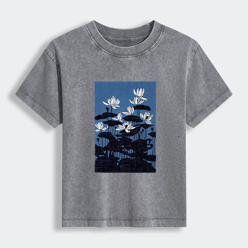 Tokyo-Tiger Blue Lotus Japanese Art Women's Washed T-shirt