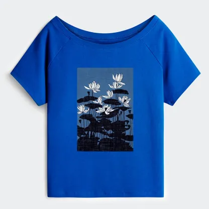 Tokyo-Tiger Blue Lotus Japanese Art Off Shoulder T-Shirt