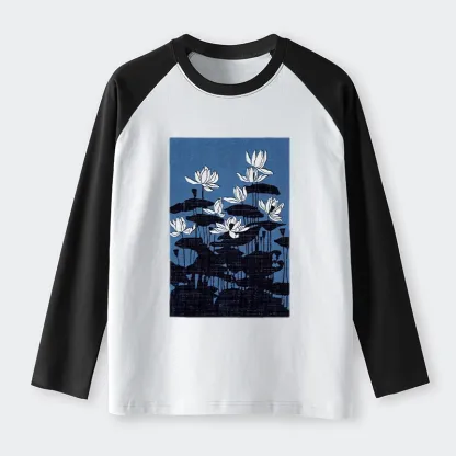 Tokyo-Tiger Blue Lotus Japanese Art Raglan Long Sleeve T-shirt