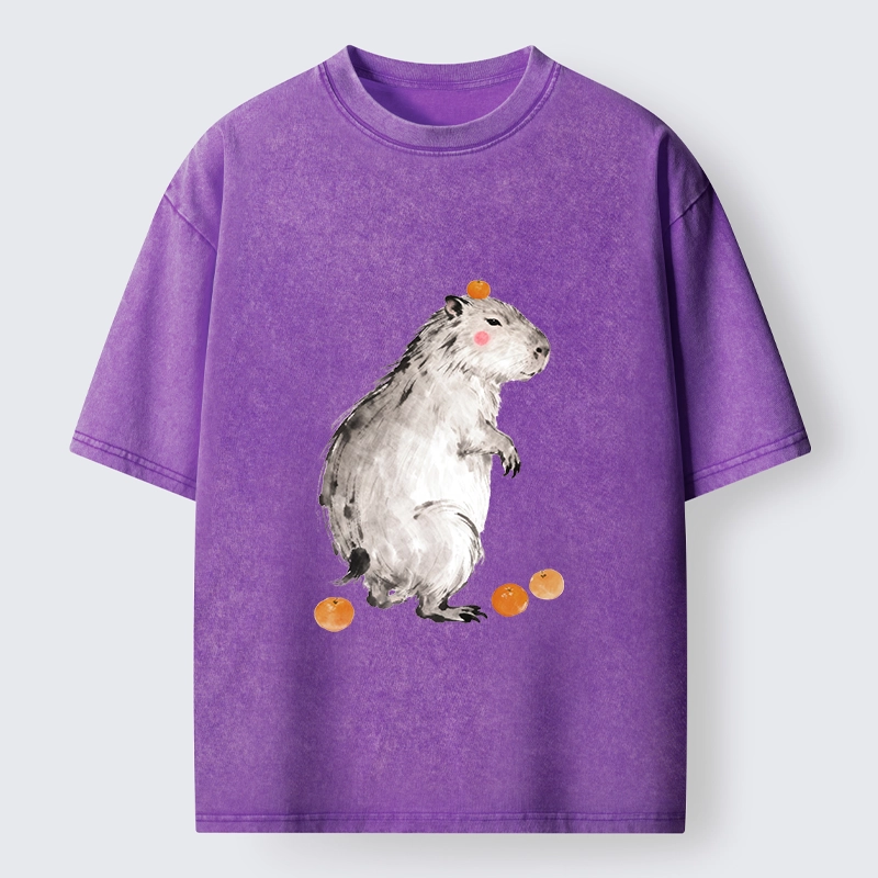 Tokyo-Tiger Orange On Capybara Funny Washed T-Shirt