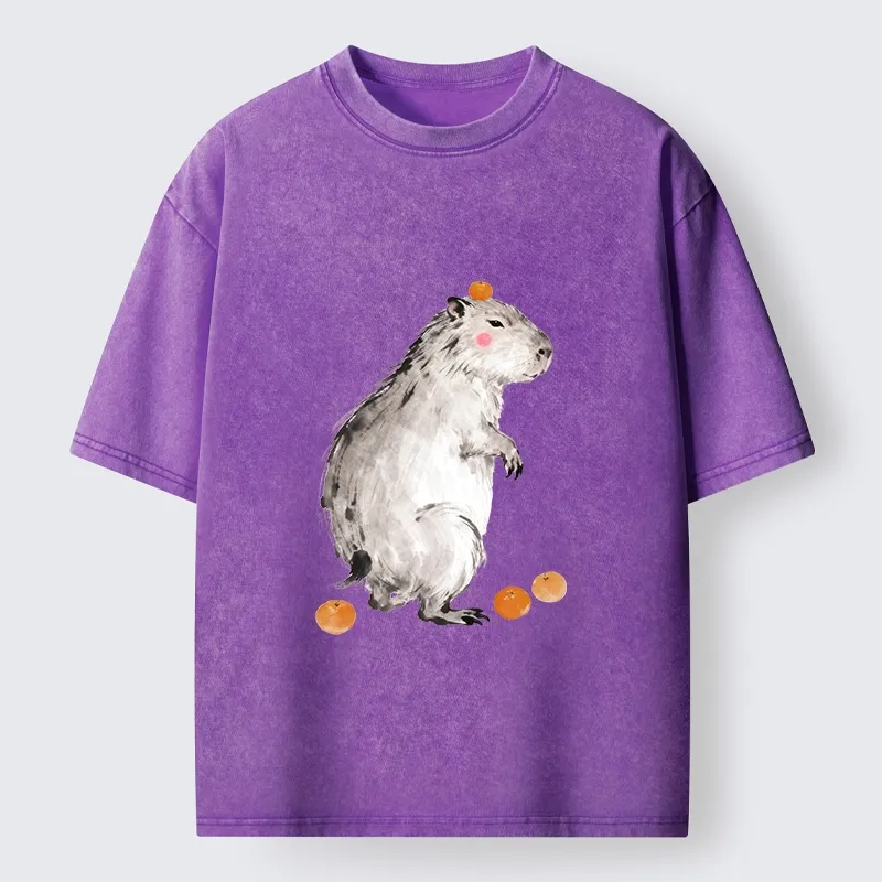 Tokyo-Tiger Orange On Capybara Funny Washed T-Shirt