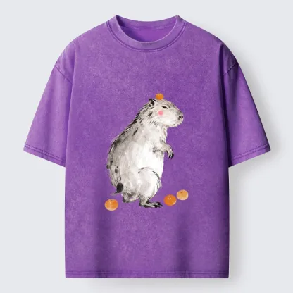 Tokyo-Tiger Orange On Capybara Funny Washed T-Shirt