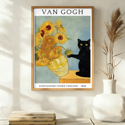Tokyo-Tiger Black Cat With Sunflowers Wall Art Poster