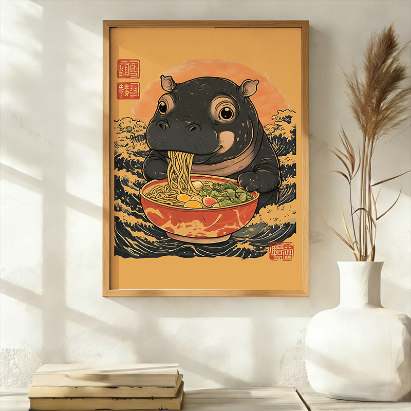 Tokyo-Tiger Moo Deng Eat Ramen Wall Art Poster