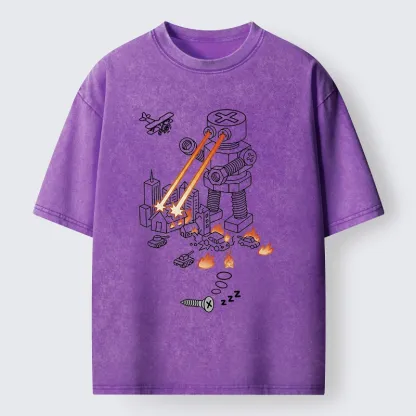Tokyo-Tiger Funny Screw Robot Destroying City Washed T-Shirt