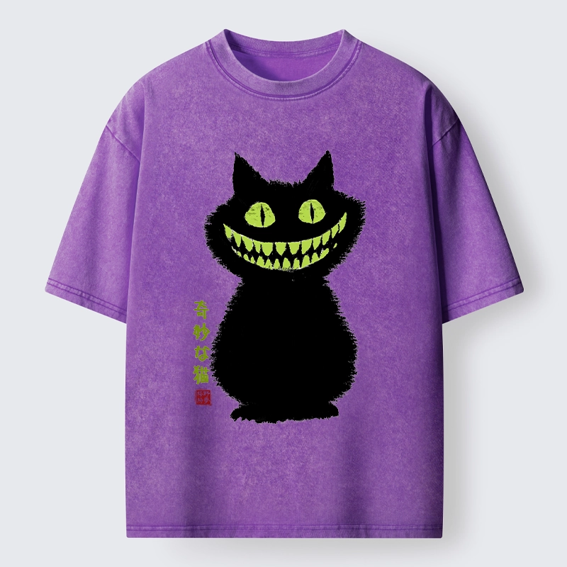 Tokyo-Tiger Spooky Black Cat With Green Teeth Washed T-Shirt