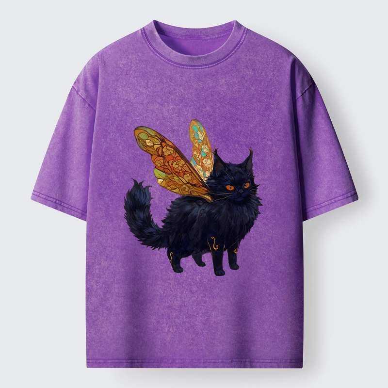 Tokyo-Tiger Funny Fairy Black Cat Art Washed T-Shirt