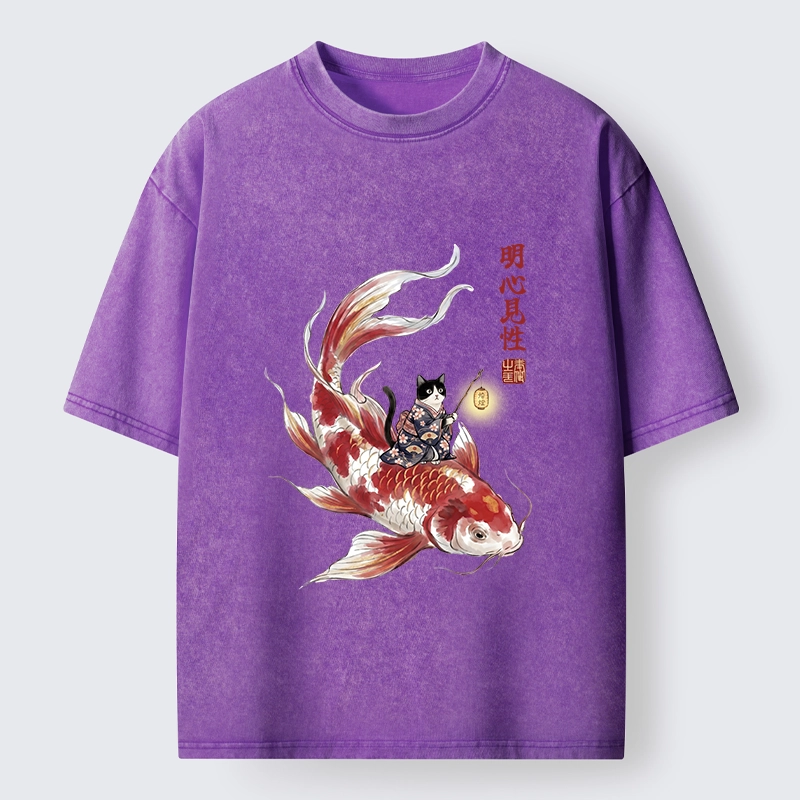 Tokyo-Tiger Cute Kimono Cat On Koi Fish Washed T-Shirt