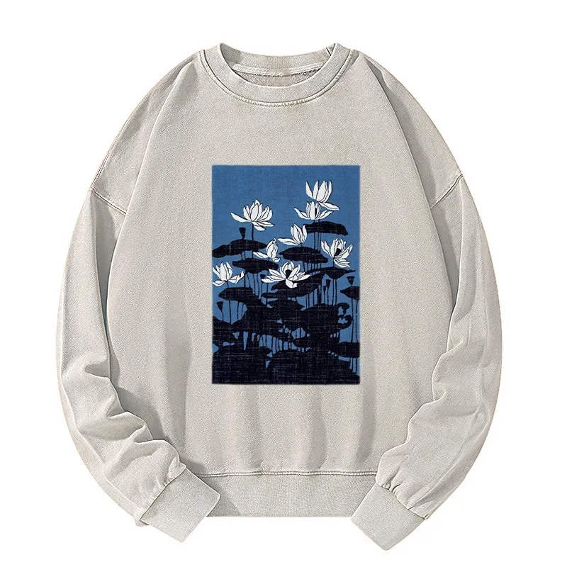 Tokyo-Tiger Blue Lotus Japanese Art Washed Sweatshirt Sale