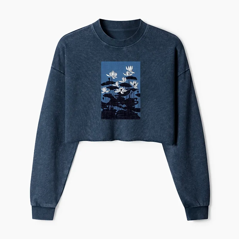 Tokyo-Tiger Blue Lotus Japanese Art Washed Crop Sweatshirt