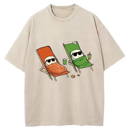 Tokyo-Tiger Funny Sushi Sunbathing Washed T-Shirt