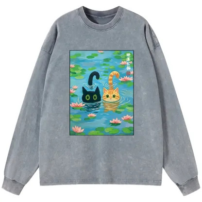 Tokyo-Tiger Cats In The Lotus Pond Long Sleeve T-Shirt