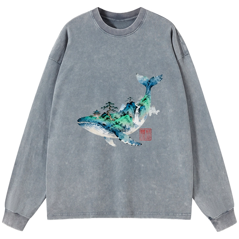 Tokyo-Tiger Whale Ink Painting Landscape Washed Long Sleeve T-Shirt